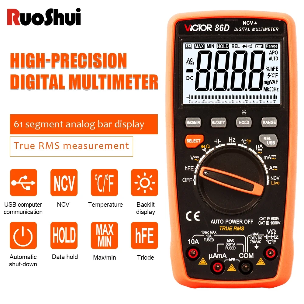 RUOSHUI 86 Digital Multimeter 22000 Counts Auto Range New Temperature Frequency Capacitor USB Tester Connect Transfer Polymeter