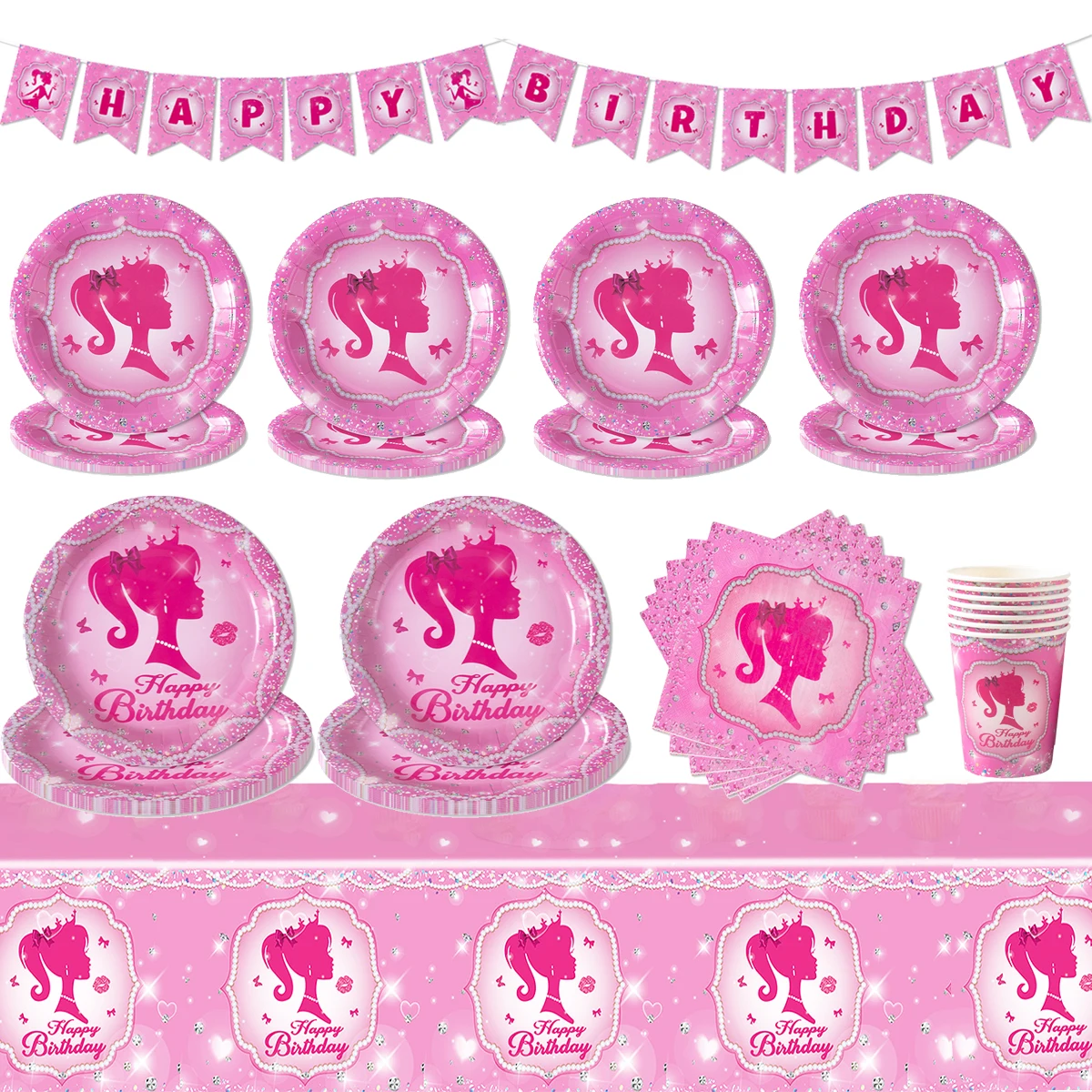 

Pink Girls Theme Birthday Party Disposable Paper Plates Princess Happy Birthday Napkins Cups Tablecloths Baby Shower supplies