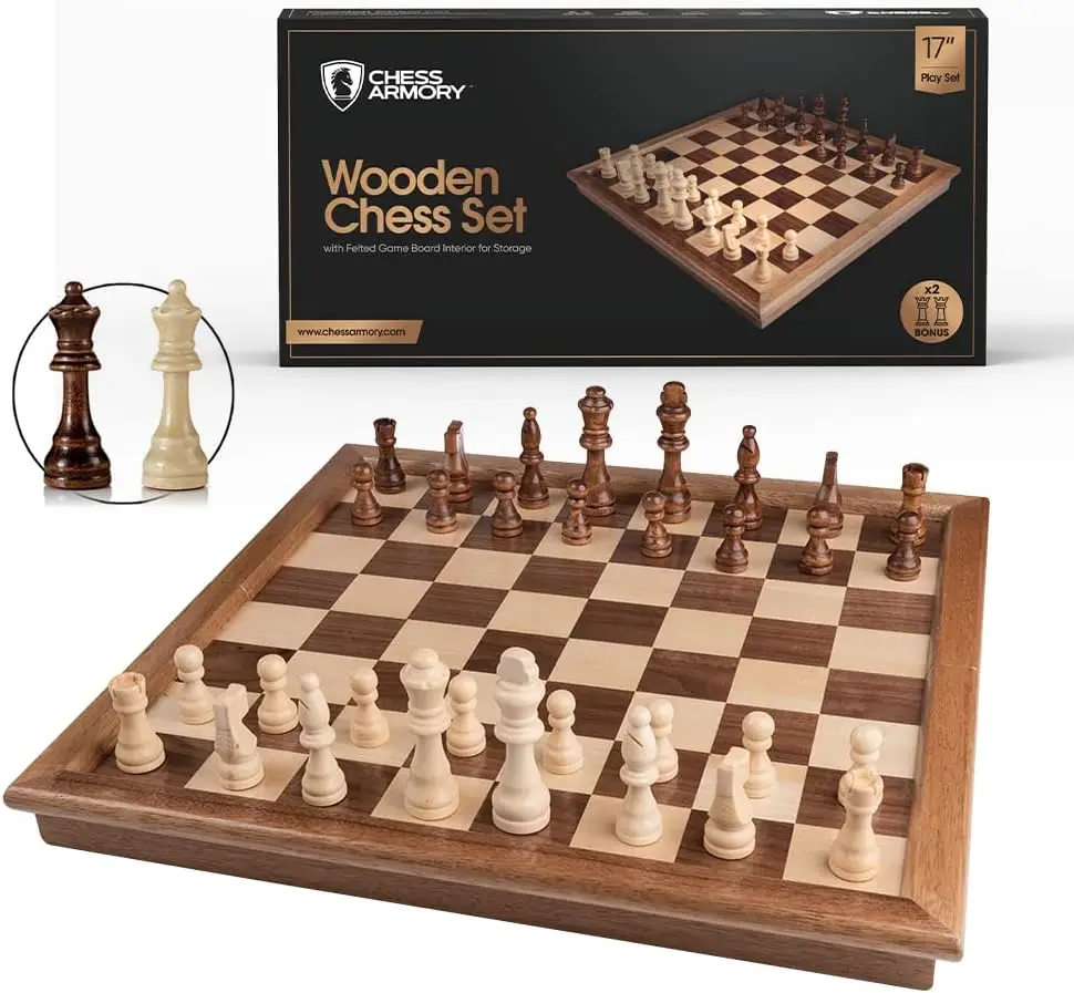 

Wooden Chess Set – 17-Inch Large Chess Board with Felted Storage Box, Extra Queens & Handcrafted Staunton Pieces