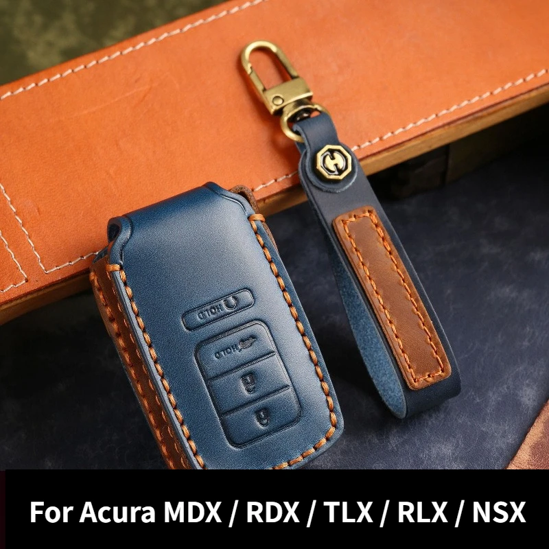 Vintage Top‑Grain Leather Key Case Cover For Acura MDX RDX TLX RLX NSX, Full‑Wrap Anti‑Drop Smart Remote Key Fob Protector Shell