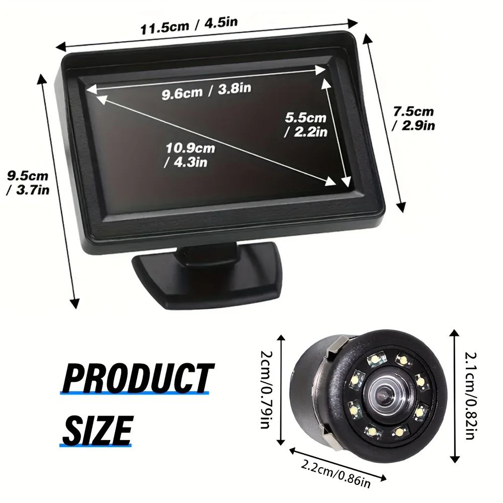 Backup Camera System, 1 Set, 4.3-Inch Display Screen and Reversing Camera Kit with 8 LED Light, HD Night Vision