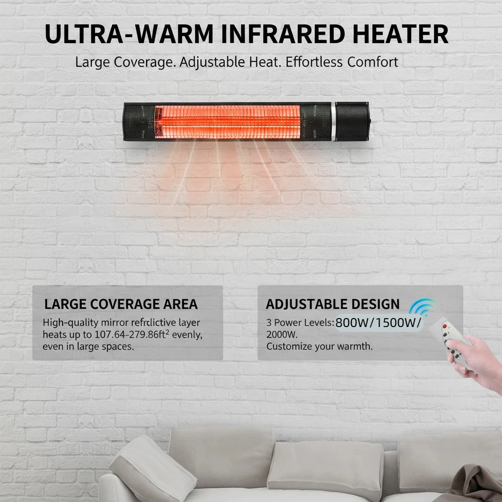2000W Infrarot-Heizstrahler, tragbarer Raumheizer, elektrisch, 280ft², IP65 wasserdicht, Fernbedienung, 3 Stufen, 60-Minuten-Timer, für den Außen- und Innenbereich