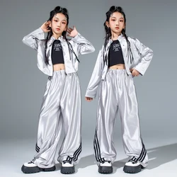 Kids Jazz Dance Costume Girls Silver Suit Short Tops Pants Modern Hip Hop Performance Clothes Festival Kpop Stage Outfit BL14168
