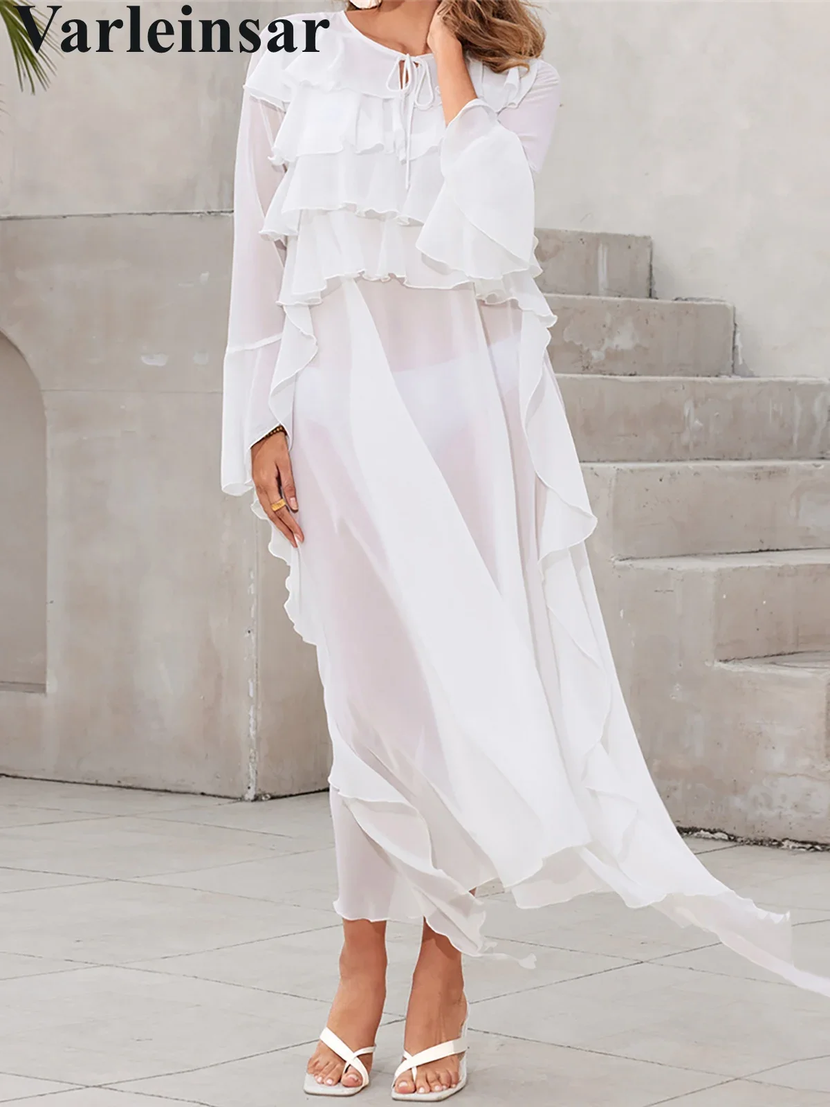 2025 Ruffledแขนยาวดูผ่านถักเสื้อBeach Cover Up Cover-UpsชุดชายหาดชายหาดBeachwearหญิงผู้หญิงV6462