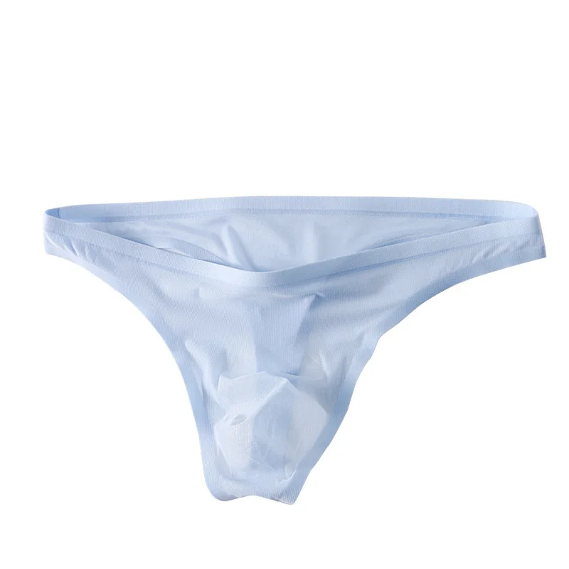 Tanga de seda de hielo para hombre, ropa interior Sexy suave, calzoncillos transparentes, bragas ultrafinas sin costuras, bragas con bolsa para bulto, Tanga con espalda en T