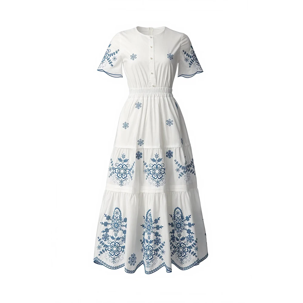 

Meyyithun Women's Dress 2026 Spring&Summer White Short Sleeve O-neck Embroidered Dress Midi Dress Elegant Dress