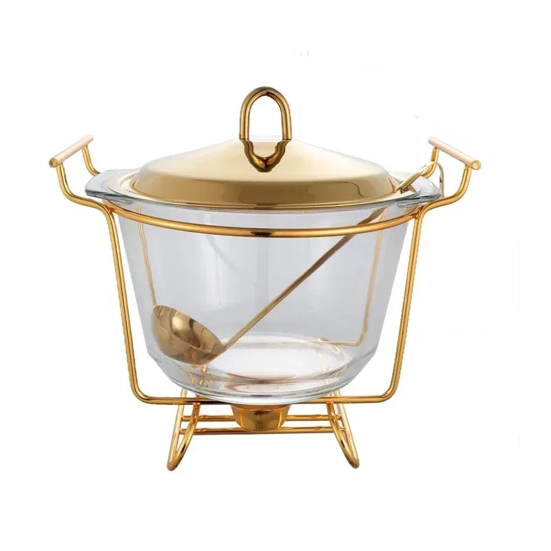 Plat chauffant à alcool en acier inoxydable et verre de 4L, couleur or/argent, pour buffet haut de gamme, mariage et repas raffinés.
