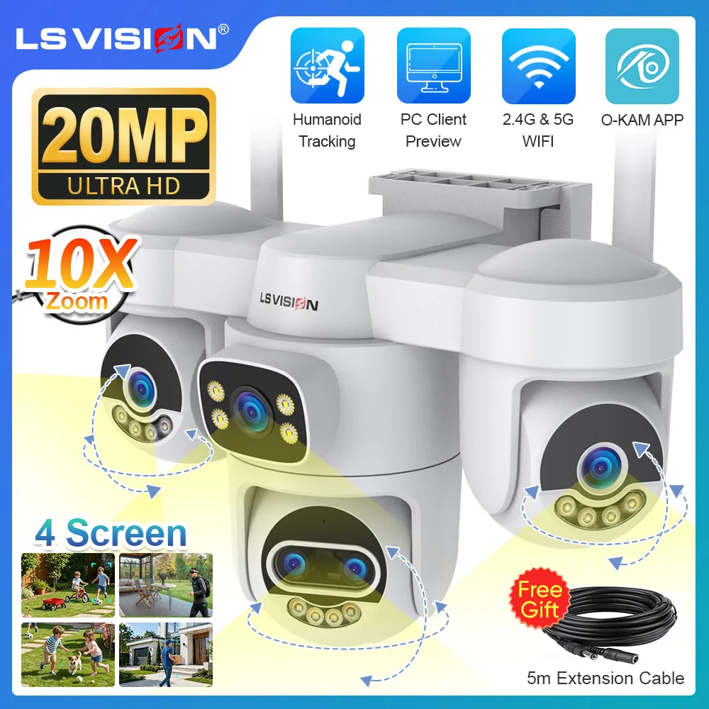 

LS VISION 20MP 10X Zoom 3-PTZ Four Screens WiFi IP Camera Outdoor 5-Lens Human Auto Tracking CCTV Cam Support PC Client Okam Pro