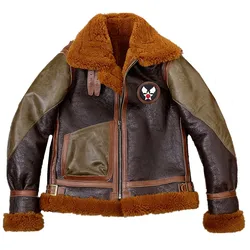 B3 Bomber Leather Fur Jacket Short Slim Fit Badge Military Style Winter Warm Coat