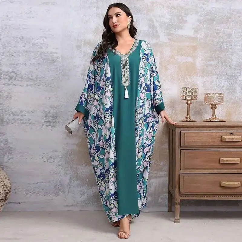 

Kyp1150 Ethnic Style Muslim Robe Dubai Evening Dress Four Sided Bounce Bat Sleeve Large Size Dress Dubai Luxury Islam Elegant