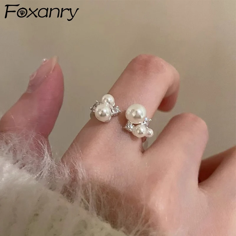 Foxanry Funkelnde Zirkon Perle Manschette Ringe Für Frauen Mädchen Französisch Elegante Trendy Kreative Design Süße Hochzeit Braut Schmuck Geschenk