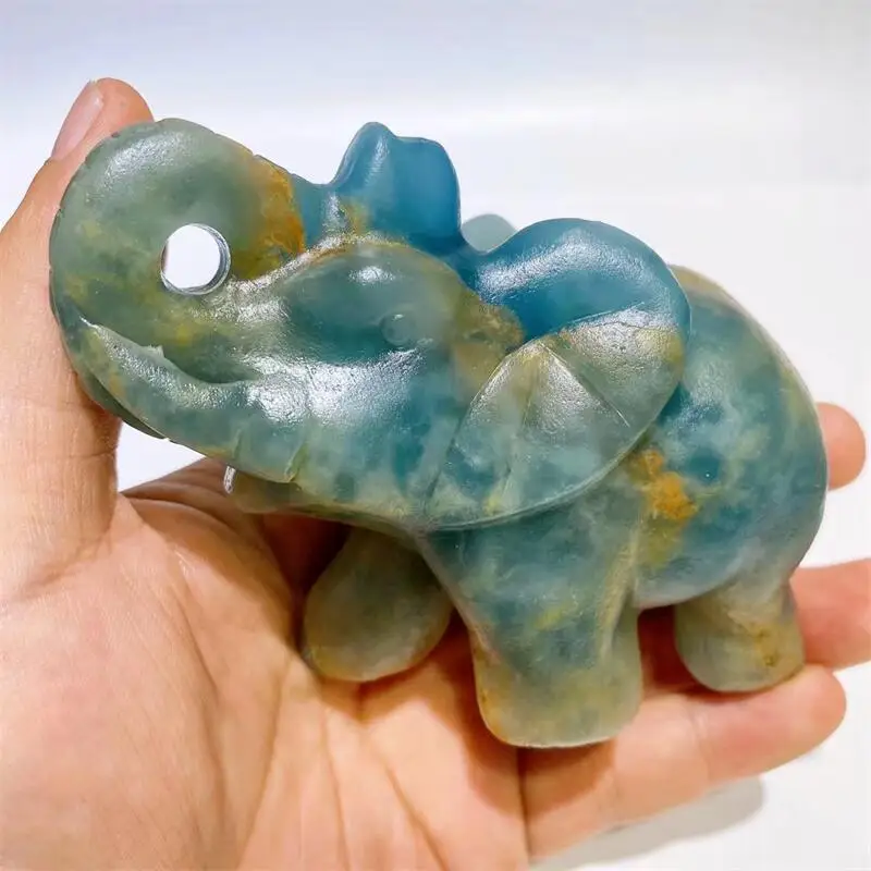 

10CM Natural Blue Onyx Elephant Crystal Carving Animal Healing Energy Stone Gemstone Collection Fengshui Home Decoration 1pcs