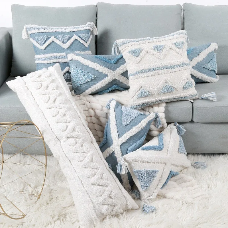 Blue Tufted Boho Pillow Covers With Tassels Lengthen Bedroom Sofa Living Room Sofa Home Decoration Soft Pillow Case