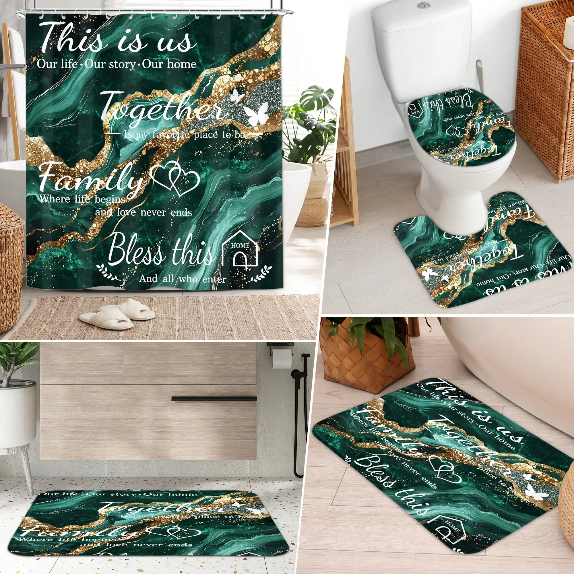 [Luxury Marble Bathroom Set] 4pcs Family Shower Curtain Set, Luxury Marble Bathroom Sets Full Set, Golden Green Shower Curtain with, Includes 12 Hooks, Toilet Lid Cover, Non-Slip U-Shaped, Decorative Bath Curtain for Home - view 4