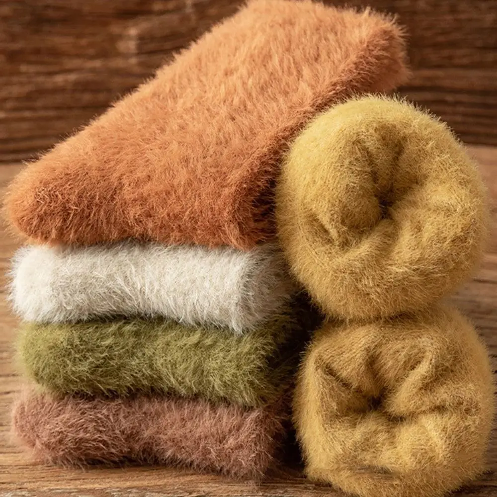 Cute Warm Korean Style Solid Color Fashion Design Student Mink fur Fleece Socks Women Socks Mid-Tube Hosiery Floor Socks