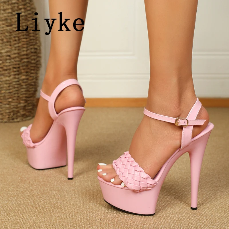 Liyke Sexy Fetish 15CM Sandals Women Fashion Weave Narrow Band Peep Toe Buckle Strap Platform High Heels Wedding Stripper Shoes