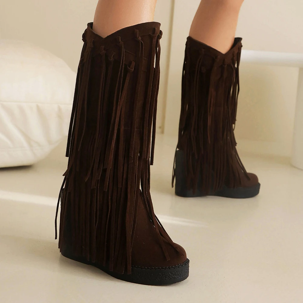 Autumn Winter New Fashion Ethnic Woman Bohemian Flock Tassle Hidden Moccasin Wedge Mid-Calf Boots Fringe Female Slip On Shoes