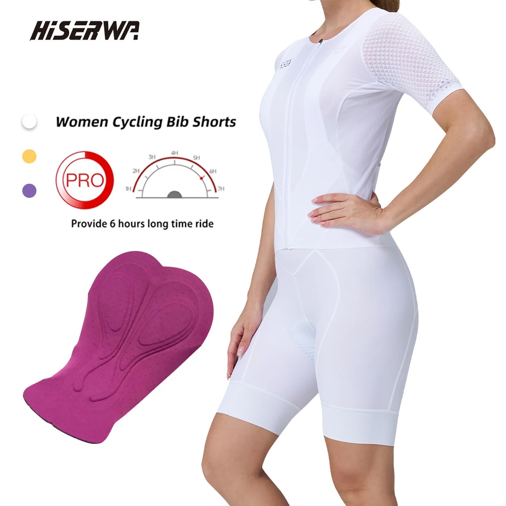 

HISERWA Women Cycling Bib Shorts Pro 6 Hours Elastin Cycling Pad Road Bike Bib Bicycle Tights Breathable Quick Dry Cycling Short