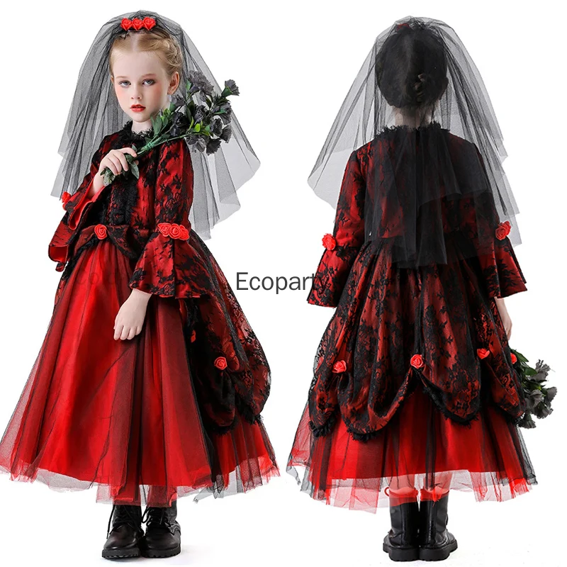 새로운 소녀 유령 신부 고딕 카트리나 의상 어린이 할로윈 뱀파이어 코스프레 중세 드레스 머리 장식 포함 어린이 파티 드레스