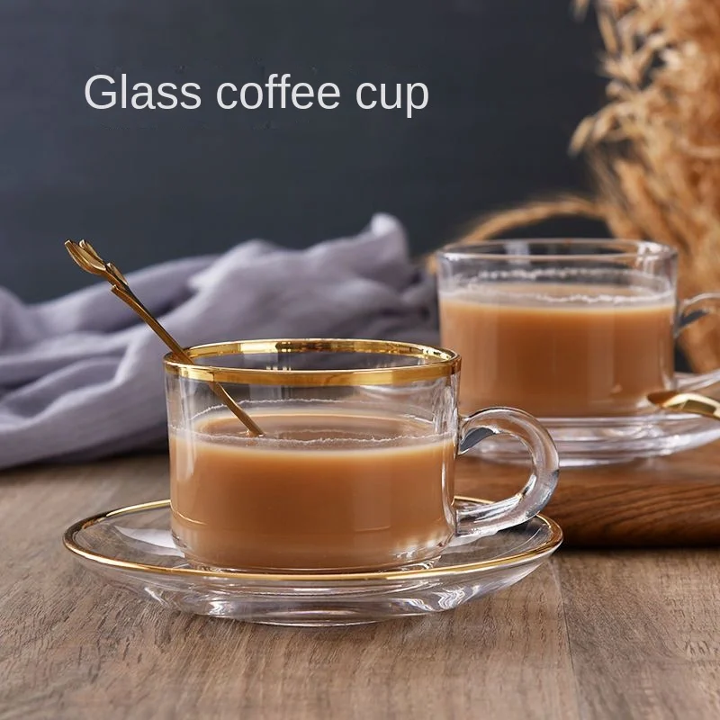 

Household Coffee Cup Set with Spoon Plate European Gold Edge Drinkware Cup Transparent Glass Mug Breakfast Afternoon Tea Cup