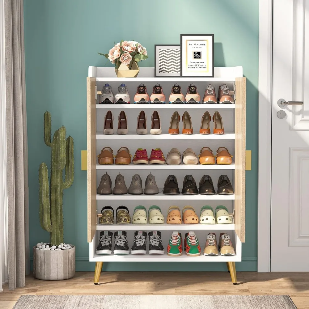 Armoire à chaussures avec portes, armoire de rangement à 7 niveaux avec étagères réglables, chaussures en bois T1