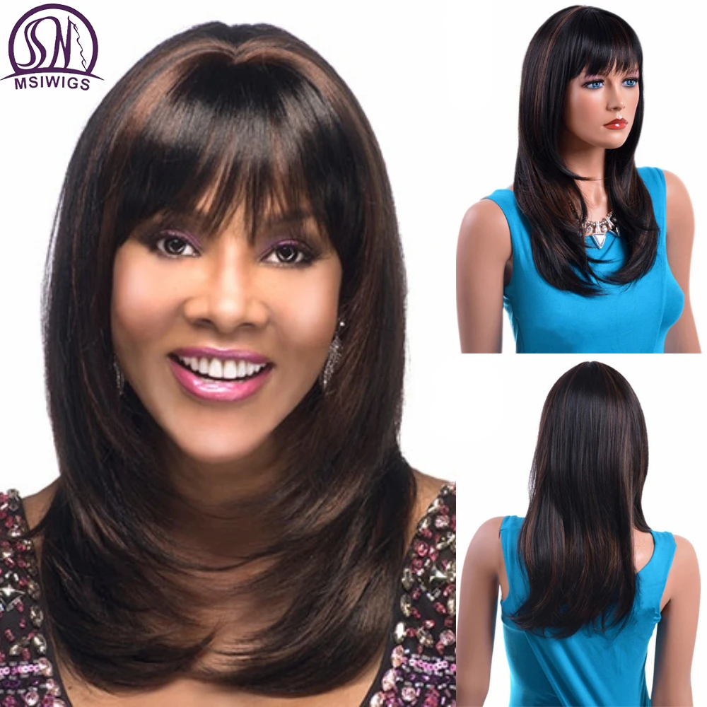 MSIWIGS Long Straight Wigs Synthetic Hair for Women High Temperature Fiber Black Ombre Wigs with Highlight