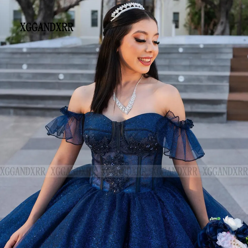 Vestido De baile azul marino para quinceañera, traje De princesa con lentejuelas florales en 3D, escote Corazón, dulce 16, 2024