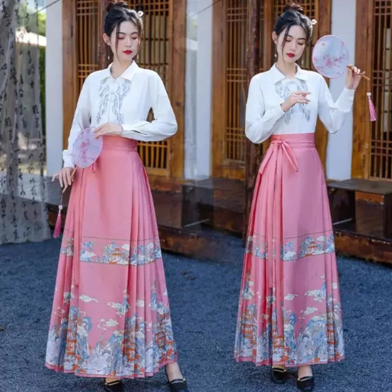 Vestido Hanfu chino para mujer, traje de cara de caballo, vestido de baile dulce suelto, vestido de reunión anual de dos piezas, nuevo, primavera 2024