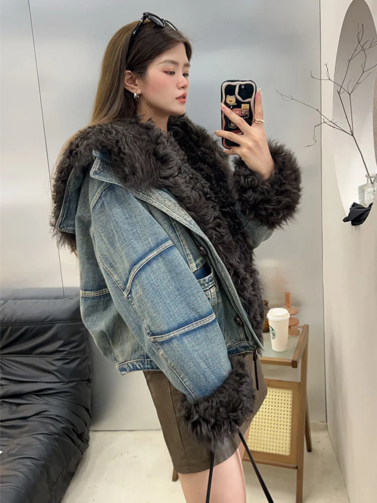 冬の新作リアルラムシープファーカラーカフスダウンジャケットショートカジュアルダウンウォームデニムジャケット女性用パーカーパファージャケット