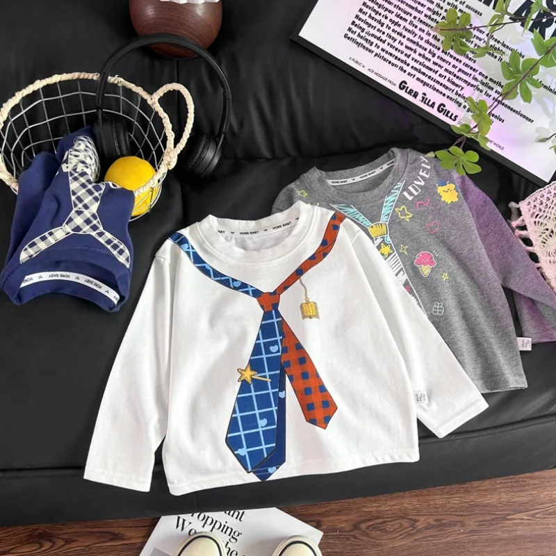 T-shirt à manches longues pour garçons de 1 à 8 ans, collection Printemps-Automne 2026, imprimé dessin animé, doux, respirant, style preppy, pour tout-petits, usage quotidien