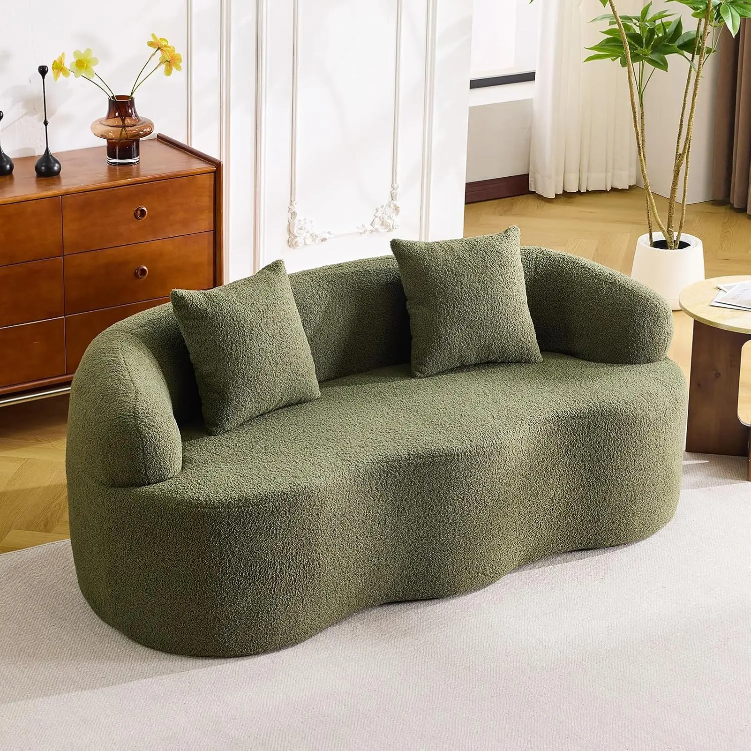 72” Curved Loveseat Sofa, Modern Teddy Boneless Couch with 2 Pillows for Small Spaces Living Room Bedroom, No, Customized