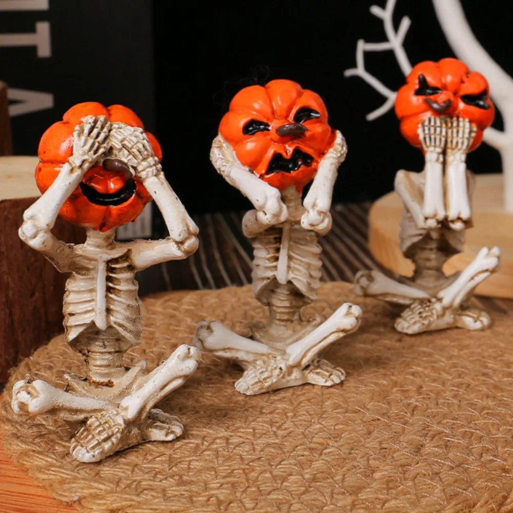 

3PCS Meditation Yoga Pumpkin Head Skull Doll Ornament Home Halloween Horror Doll Decoration Scene Props Home Decoration