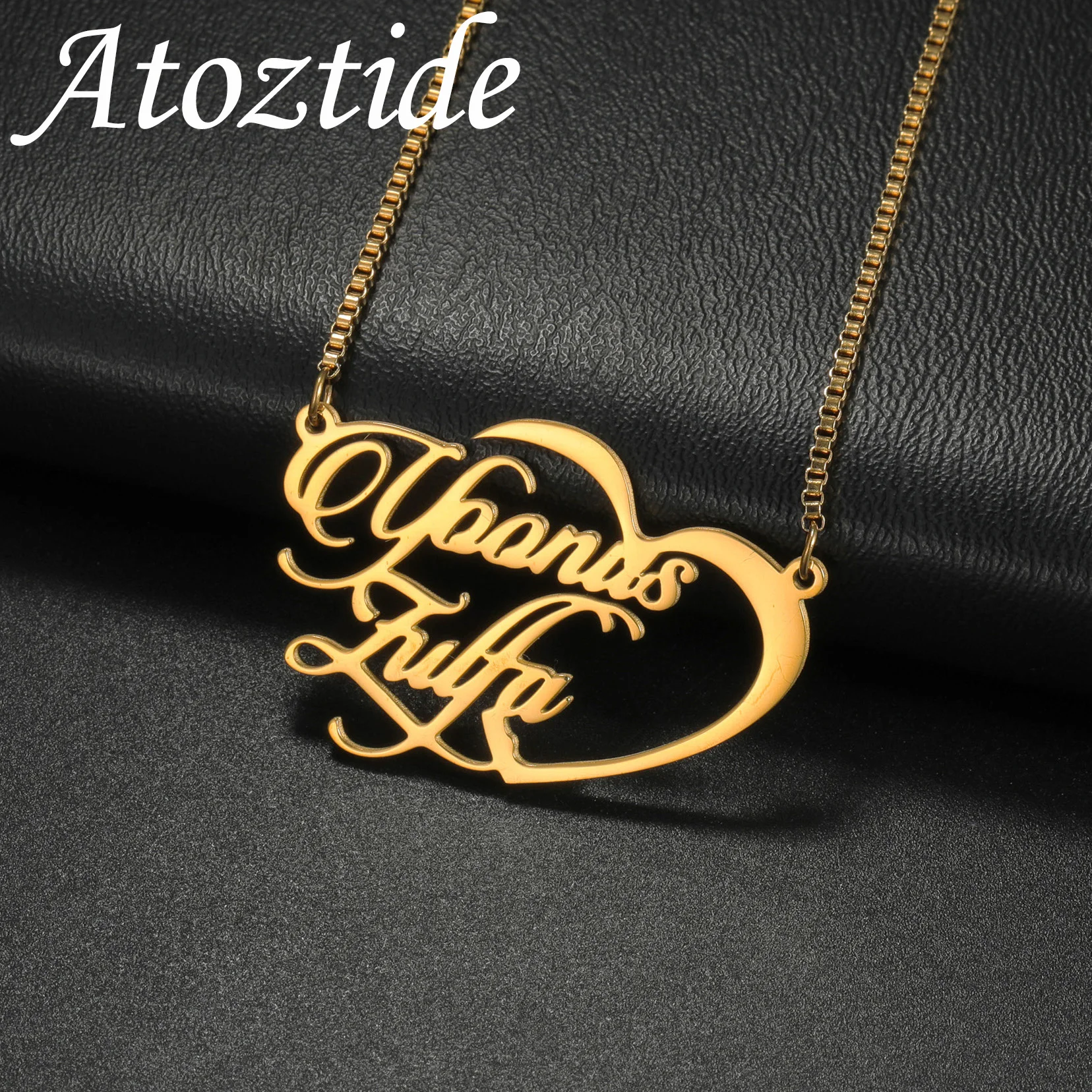 Atoztide Customชื่อสร้อยคอผู้หญิงเครื่องประดับสแตนเลสจี้หัวใจใหญ่Chokerกล่องโซ่ส่วนบุคคลของขวัญวันเกิด