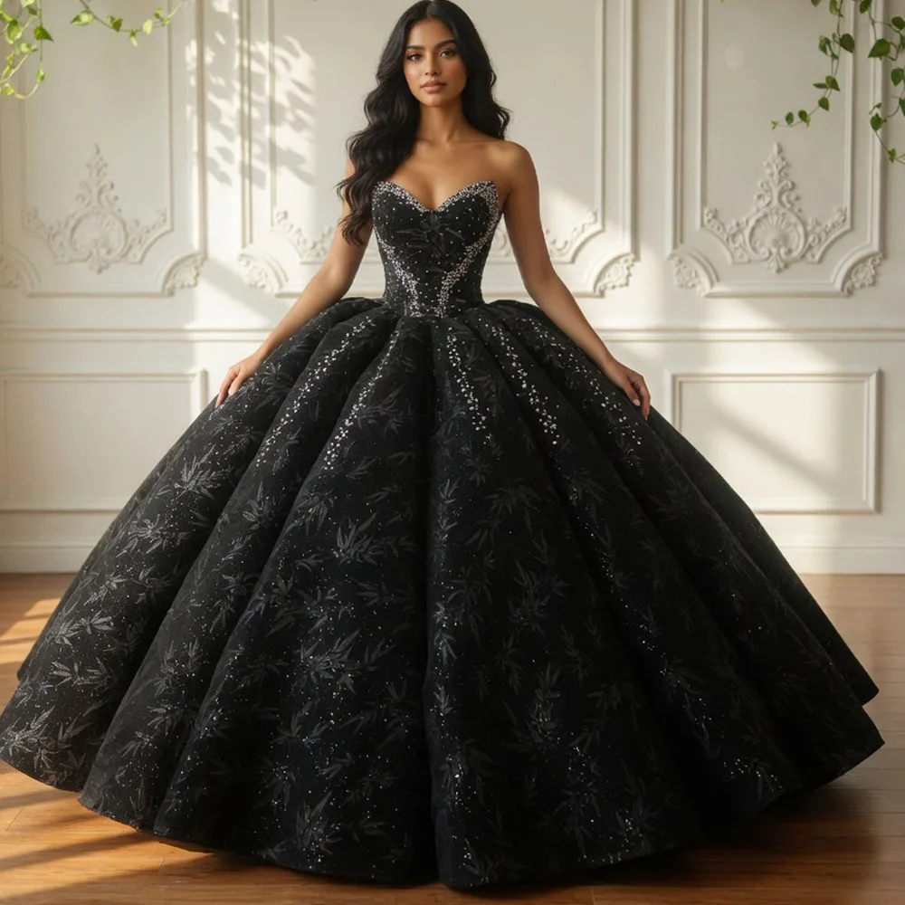 

Черное платье для квинсеаньеры с вырезом «сердечко», без рукавов, на шнуровке сзади, с пайетками и вышивкой, модель 2026 года, Vestido De 15 для женщин