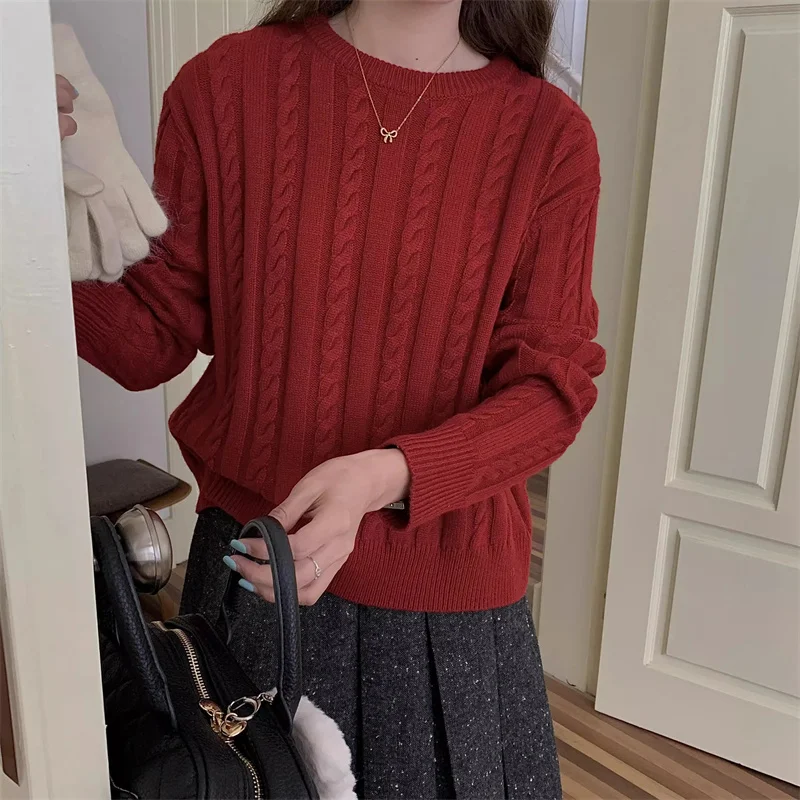 Damen Herbst Winter Strickpullover Anti-Pilling Long Sve Round Ne Regular Fit Big Wolf Design Bequemer weicher Stoff