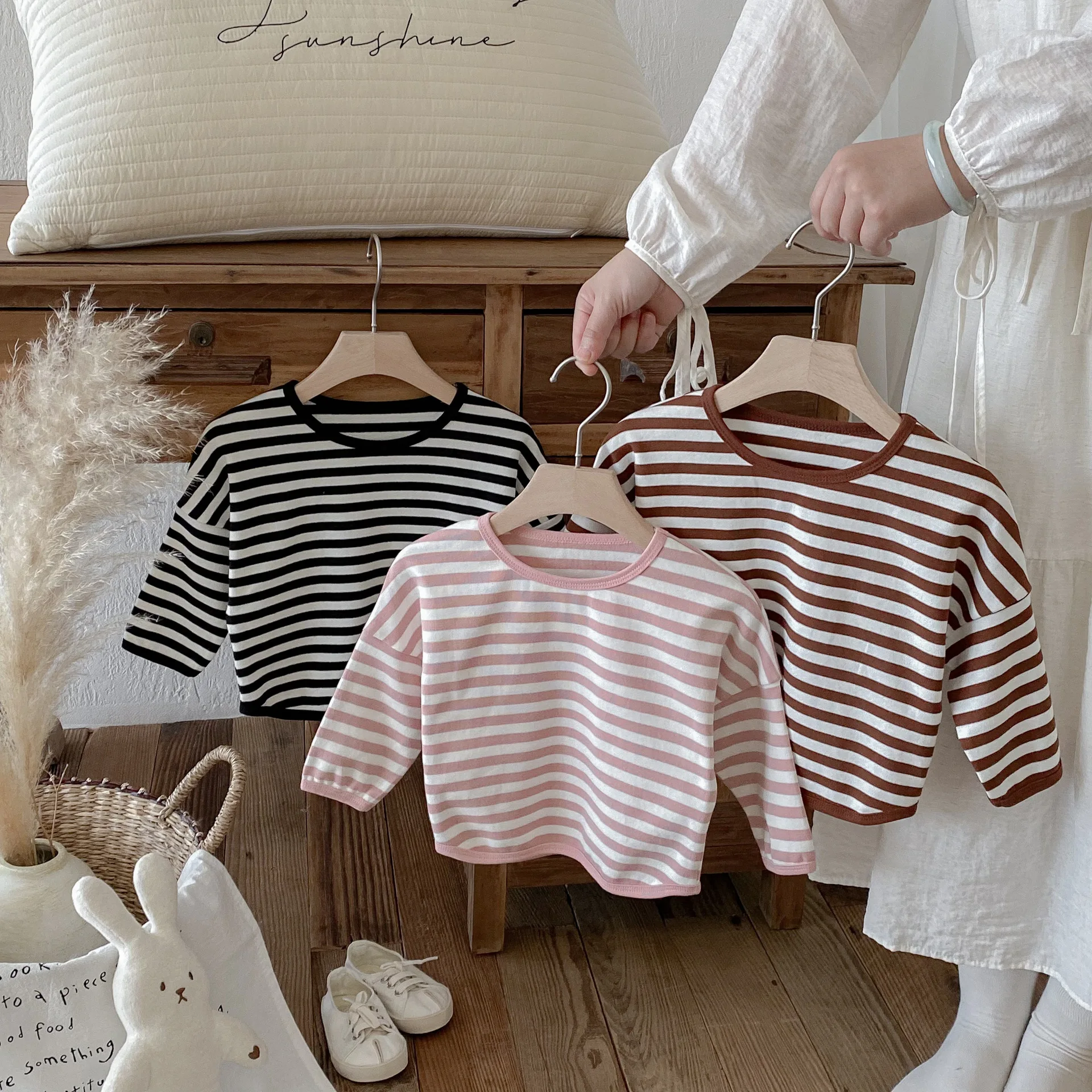 Striped Children's T-shirt Loose Casual Base Layer Top Spring Autumn New Style Boys Girls Cotton Crew Neck Fashionable