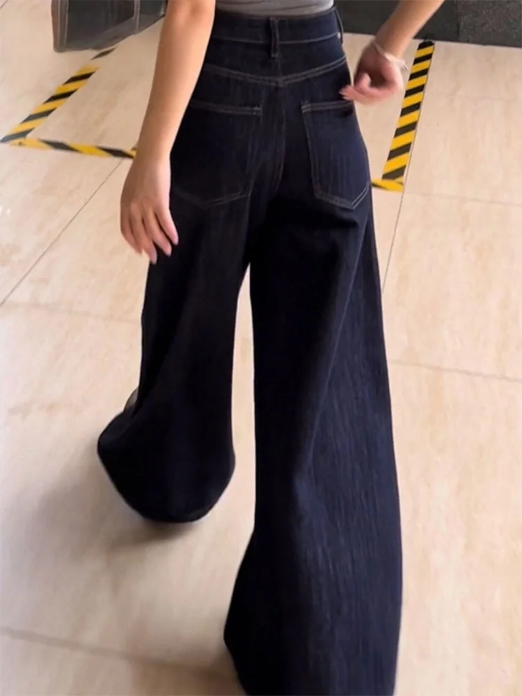 

Deep Blue plus Size Wide Leg Denim Jeans Women's Spring High Waist Loose Slimming Drapey Lazy Floor-Length Pants