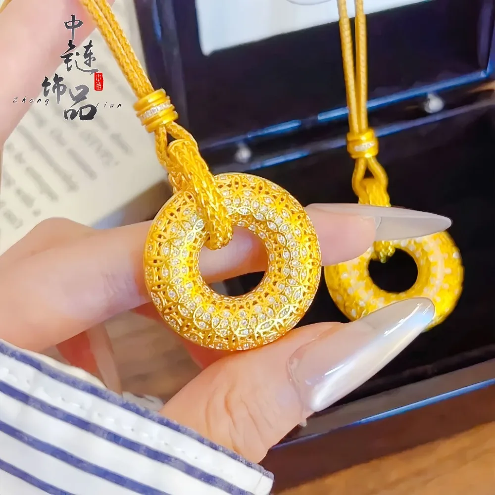 Diamond-inlaid silk ancient money grain peace buckle pendant new Chinese hollow peace buckle 9999gold