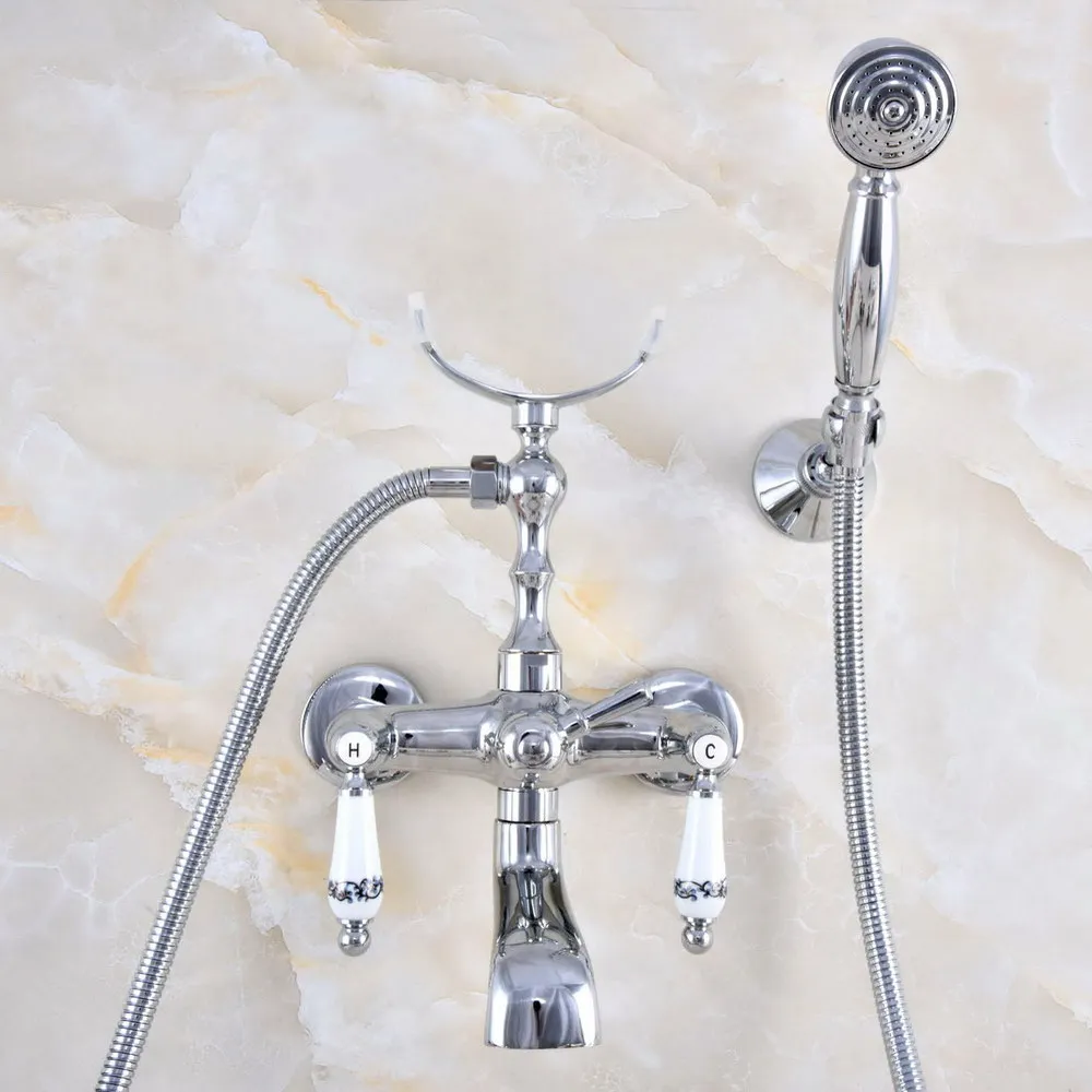 Silver Polished Chrome Brass Wall Mounted Bathroom Bath Tub Faucet Set with 1500MM Hand Held Shower Spray Mixer Tap 2na704