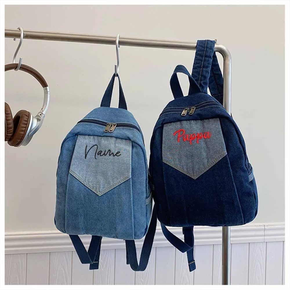 Embroidered New Denim Backpack With Any Name,Customized Fashionable Contrasting Color Commuting Leisure Outdoor Travel Bag