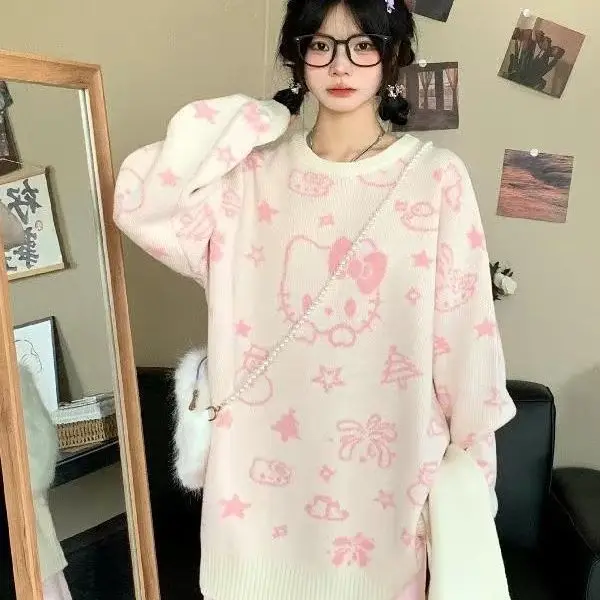 Свитер Kawaii Hello Kitty на Рождество, женский пуловер с круглым вырезом и длинными рукавами, мягкий вязаный джемпер, милый повседневный теплый топ для осени и зимы