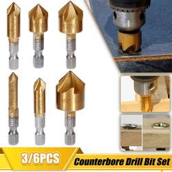 3/6Pcs Countersink Drill Bit Set 1/4'' Hex Shank HSS 5 Flute Countersink 90 Degree Chamfering Cutter for Wood Drill Tools Set