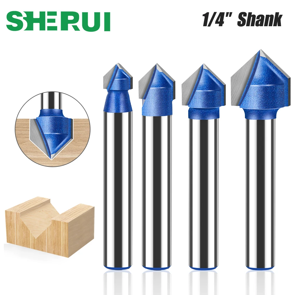 6mm 1/4in Shank 90 Degrees V Type Slotting Cutter Carbide Router Bit Carving Grooving Tools Woodworking Milling Cutter