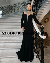 OIMG New Design Black Satin Prom Dresses Arabic Women Ruched Long Sleeves Floor Length Crystals Evening Gowns Formal Party Dress