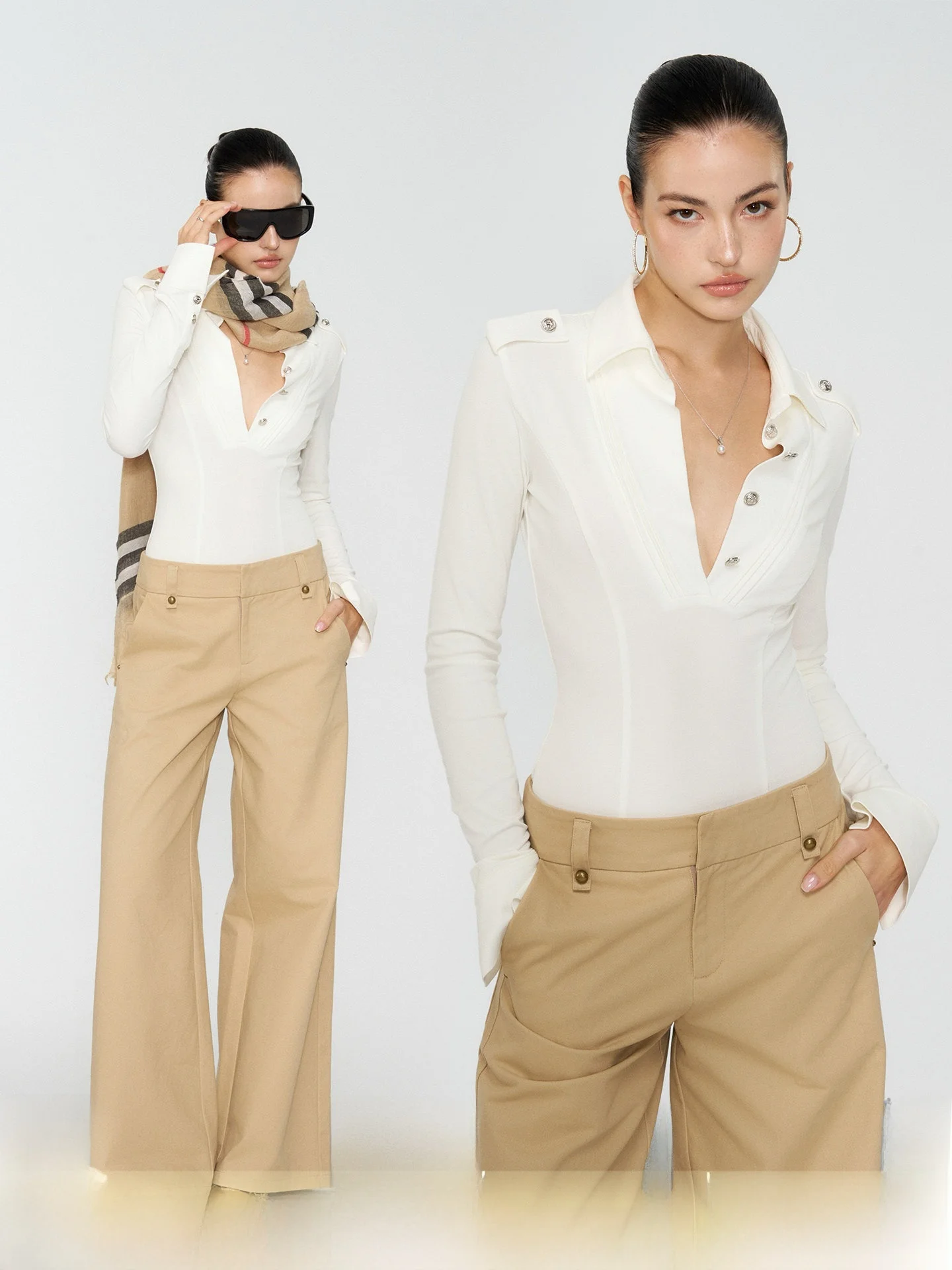 

White Slim Fit Workwear Feel Onesie Long Sve Base irt Sexy Top Women's High Waist Long Pants Commute Sle 2025 Autumn C...