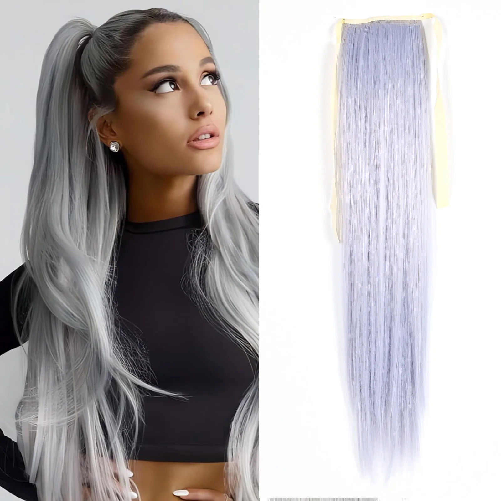 Zolin Synthetic Hair Ponytail Extension Long Straight&Wavy Hair Drawstring Ponytails Black Dark Silver Gray Color Hairpiece