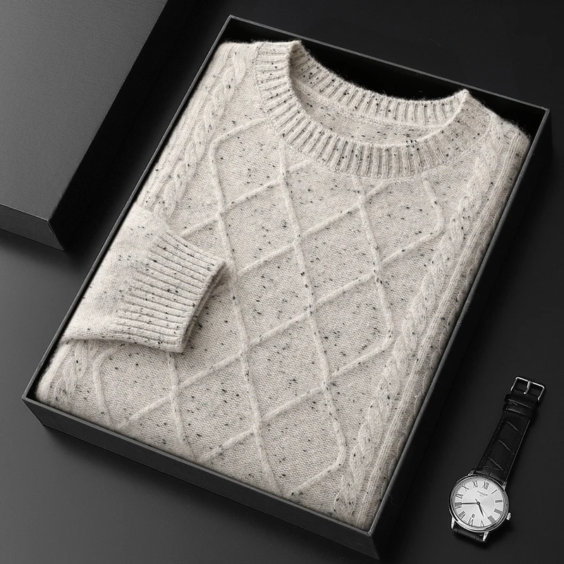 CHICUU Men's 100% Cashmere Sweater Thick O-neck Pullover Rhombus Knit Autumn Winter Cashmere Knitwear Smart Casual Soft Clothes