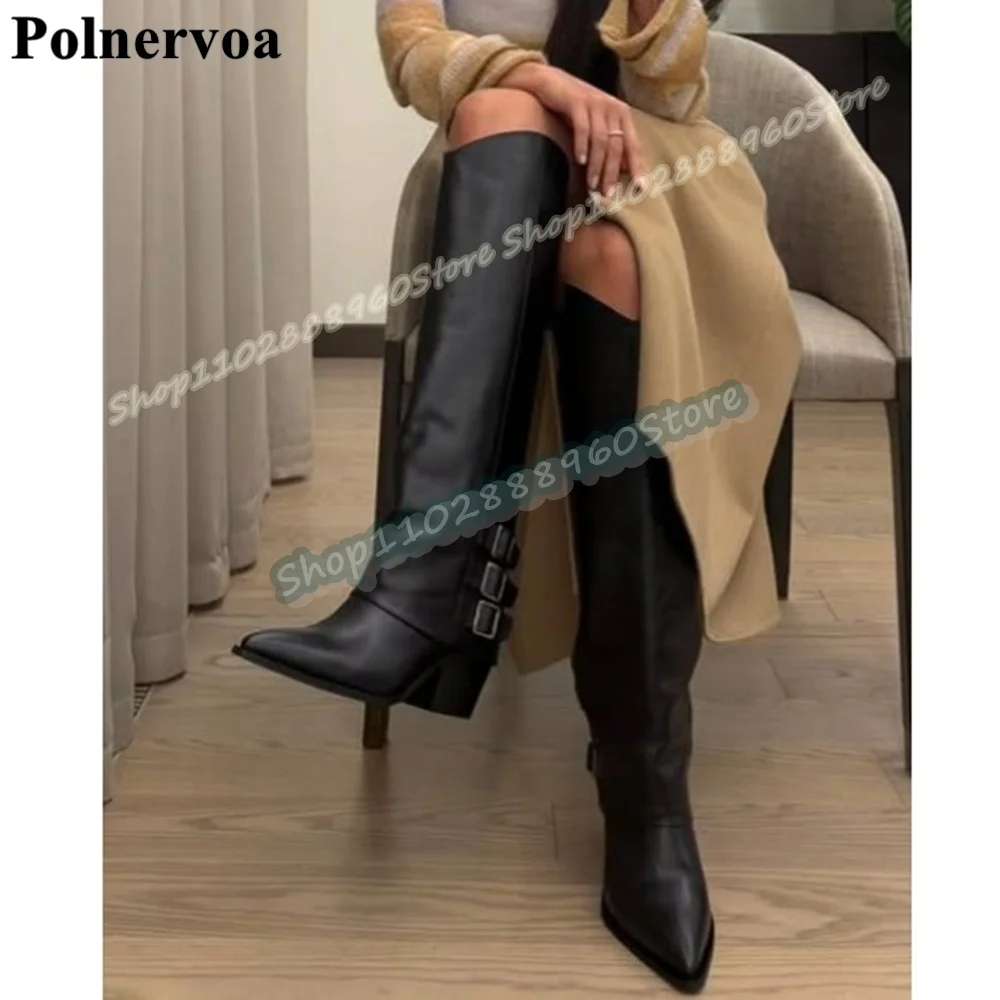 

Plus Size Black Leather Buckle Strap Pointy Boots Thick Heel Shoes For Women Slip On Pointed Toe Occidental Zapatos Para Mujer