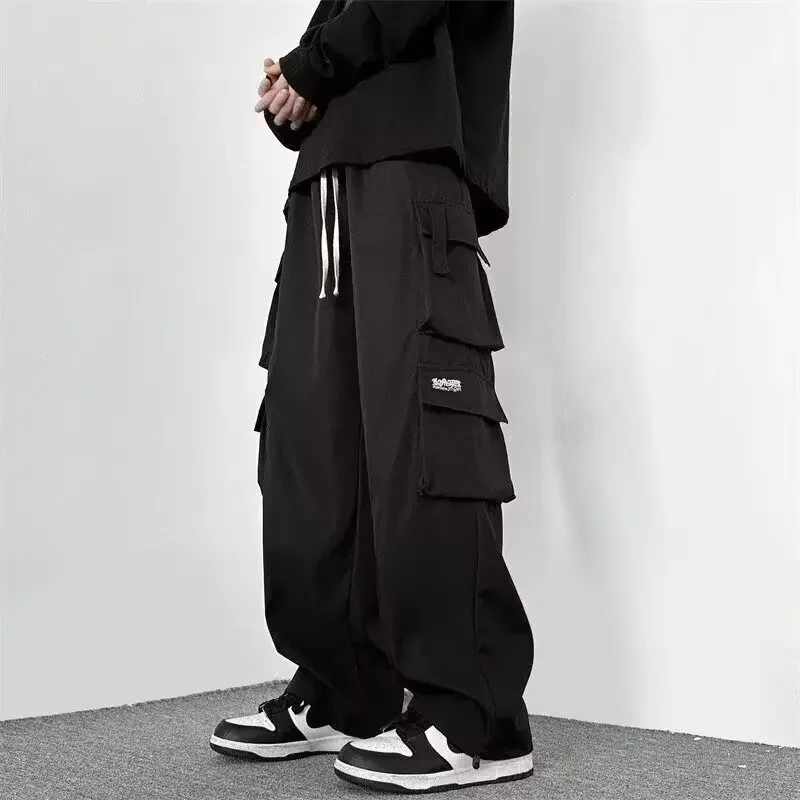 

American High Street Style Men's Spring Autumn Loose Fashion Work Pants with Big Pockets Sporty Straight Leg Casual Long Trouser