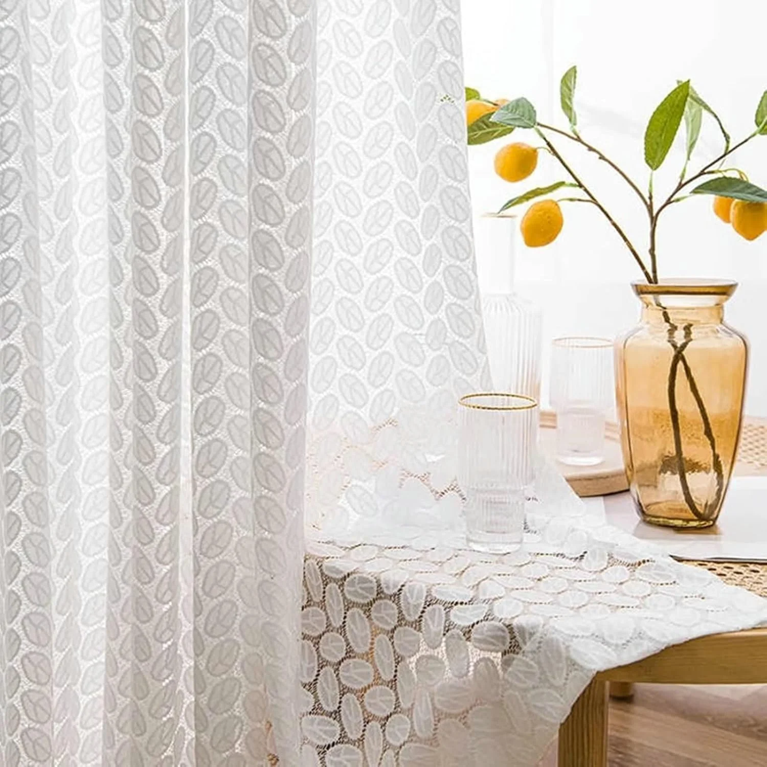 2PCS white leaf lace curtain, suitable for living room and bedroom, made of high-quality polyester fiber lace fabric, pole style